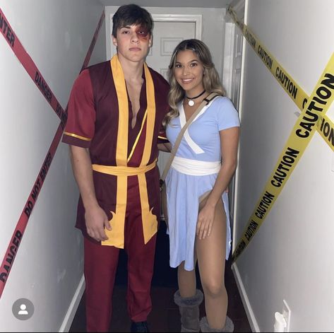 #halloween #costume #avatar #lastairbender #katara #zuko Avatar The Last Airbender Couples Costumes, Katara And Ang Avatar Costume, Avatar The Last Airbender Couple Costume, Avatar And Katara Costume, Zuko Costume Diy, Katara And Zuko Halloween Costume, Zuko And Mai Costume, Avatar Couples Costumes, Anime Halloween Couple Costume