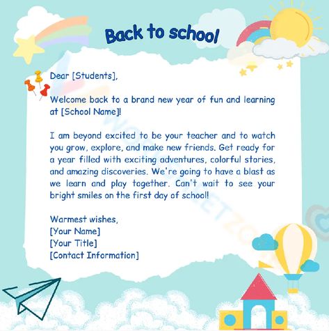 Get ready for an exciting new adventure as we kick off the school year with our back to school letter! Teacher also can take this sample letter to send your student to welcome back to them. Check it out! #backtoschool #letters #letterfromteacher #teacher #sample #welcomeback #greettings #students #pdfs #printable #worksheets Back To School Welcome Letter, Letter For Students From Teacher, Back To School Letter From Teacher, Welcome Letter To Students From Teacher, Welcome To Preschool Letter, Letter To Students From Teacher, Classroom Welcome Letter, Preschool Welcome Letter, Teacher Welcome Letters