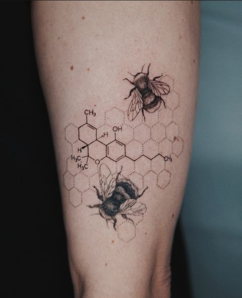 Bee Arm Sleeve Tattoo, Honeycomb Chemistry Tattoo, Bumblebee Honeycomb Tattoo, Honeycomb Serotonin Tattoo, Honeycomb Half Sleeve Tattoo, Bumble Bee Honeycomb Tattoo, Fine Line Honeycomb Tattoo, Homey Comb Tattoo Design, Honey Comb And Bees Tattoo