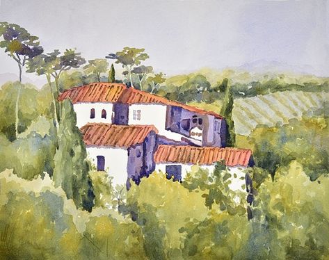 edie fagan - watercolor artist Tuscany Paintings, Vineyard Painting, Tuscan Vineyard, Italian Vineyard, Loose Watercolor Paintings, Watercolor House Painting, Painting Landscapes, Watercolor Landscapes, Journal Stuff