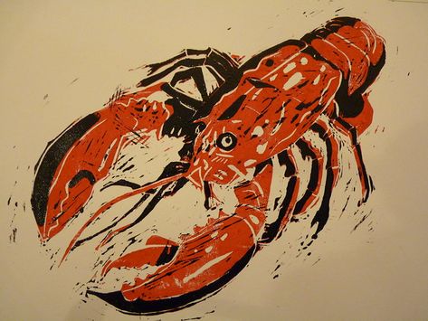 Lobster linocut | 2 colour hand pulled reductive linoprint | ieuan edwards | Flickr Lino Cut Art, Print Making Designs, Linoleum Print, Lino Cut, Woodcuts Prints, A Level Art, Ink Sketch, Stencil Art, Monoprint