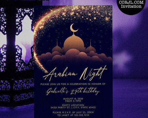 Arabian Nights Invitation Arabian Nights Sweet 16, Arabian Nights Invitation, Sweet 16 Birthday Invitations, 16 Birthday Invitations, Arabian City, Arabian Nights Prom, Aladdin Theme, Arabian Party, Quince Party