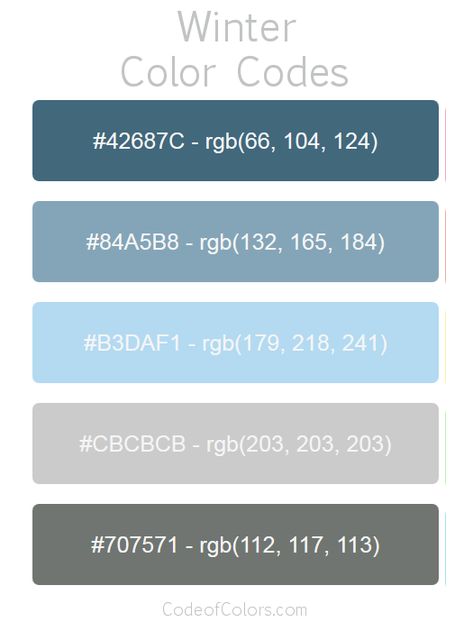 Winter Color Palette - Hex and RGB Color Codes Color Palette Codes, Rgb Color Palette, Rgb Palette, Winter Digital Art, Rgb Color Codes, Christmas Color Palette, Brown Color Schemes, Hex Color Palette, Winter Color Palette