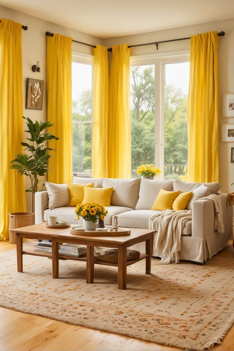 20 Yellow Living Room Ideas That Will Make Your Home Pop – The Crafty Hacks Yellow Living Rooms Ideas, Sunflower Interior Design, Yellow Curtains Living Room Ideas, Yellow Interior Design Living Room, Yellow Room Decor Ideas, Pop Of Color Living Room, Yellow Living Room Colors, Yellow Living Room Ideas, Yellow Curtains Living Room