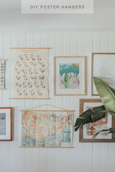 These DIY poster hangers take only 3 steps and cost about $3 ea.! Use them to hang artwork or posters you have been holding onto for too long! Poster Hanger Diy, Diy Poster, Hanger Diy, Poster Hanger, Boy's Room, Valance Curtains, Hangers, The Wall, Home Diy