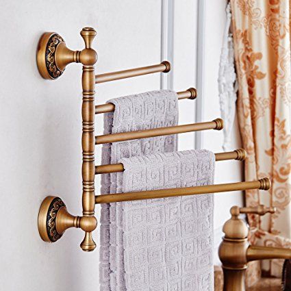 $45 Amazon.com: Leyden TM Antique Brass Active 4-Arm Swing Towel Rack Towel Rotated Bar Organizer Holder Wall-Mounted: Home & Kitchen Towel Bar With Hooks, Brass Towel Bar, Towel Bar Bathroom, Camper Interior Design, Folding Towels, British Colonial Decor, Gold Bathroom Accessories, Bathroom Installation, Towel Rod