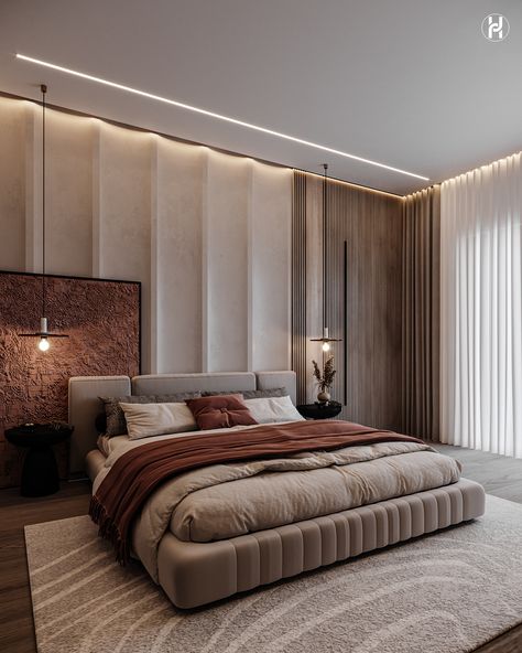 Masculine Bedroom Decor, Bedroom Design Luxury, Beautiful Bed Designs, Decorating Bedroom, Makeover Bedroom, Lighting Bedroom, Modern Bedroom Interior, Comfortable Chic, Luxury Bedroom Design