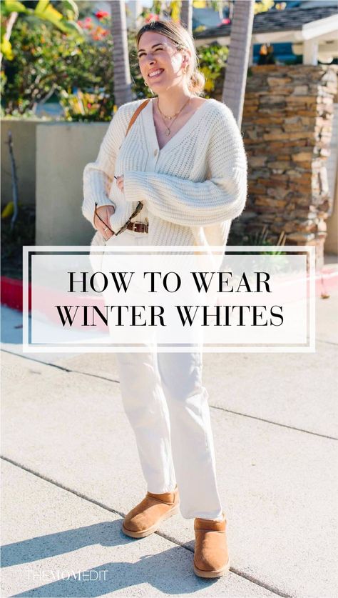 White On White Winter Outfits, Cream Sweater Outfits Winter, White Cordory Pants Outfits, White Pants With Boots, White Bag Outfit Winter, White Winter Pants Outfit, Ivory Jeans Outfit Winter, Cream Corduroy Pants Outfits Winter, White Trouser Winter Outfit