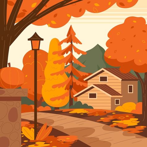 Fall Vector Illustrations, Autumn Vector Illustration, Halloween Graphic Design Illustration, Fall Drawings Autumn, Drawing Ideas For Halloween, Autumn Season Drawing, Autumn Illustration Art, Autumn Illustration Fall, Flat Art Illustration