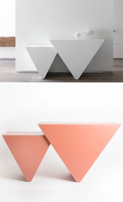 Double Triangle Console by Cuffhome at Private Residence, Los Angeles Triangle Furniture Design, Triangle Interior Design, Triangular Furniture, Triangle Furniture, Tiny Cafe, Geometric Furniture Design, Triangular Table, Geometric Furniture, Double Triangle