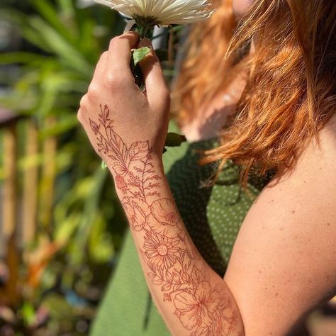 insta: @iampoppy @krisolsentattoo Brown Sleeve Tattoo, Henna Style Tattoo Sleeve, Brown Tattoos Ink, Brown Tattoo Sleeve, Brown Floral Tattoo, Tattoo Brown Ink, Dark Brown Tattoo, Brown Tattoos For Women, Brown Ink Tattoo On Light Skin