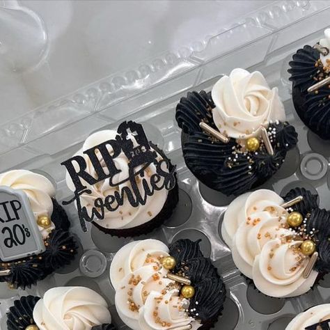 Ells Sweet Treats | Custom Cakes on Instagram: "Rip 20’s 🪦 . . . #ellssweettreats #rip20s #hello30 #rip20scupcakes #blackandwhite #katytxbaker #cupcakestagram" Rip 20s Dessert, Rip To My 20s Cupcakes, Rip 20s Hello 30s Cake, Rip 20s Cupcakes, Rip 20s Birthday Party Cake, 30 Birthday Cupcakes, Rip 30th Birthday Cake, Rip Twenties Birthday Cake, Rip Cupcakes