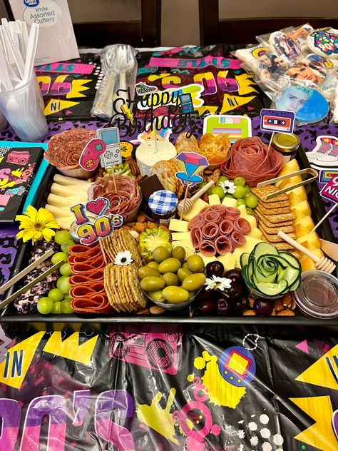 90s Themed Charcuterie Board, 90s Theme Party Food Ideas, 90s Charcuterie Board, 90s Party Food Ideas, 90s Cookout, 80s Party Foods, Nostalgia Party, 90s Halloween Party, 30th Bday Party