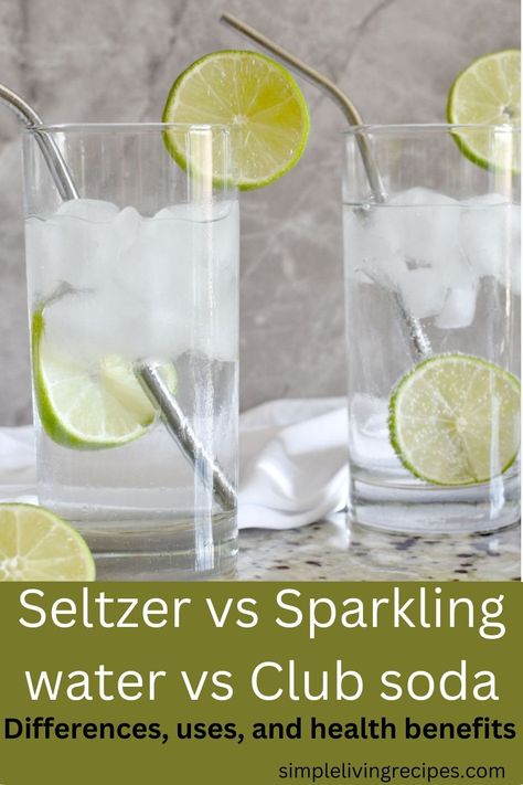 One cup of seltzer water next to one cup of sparkling mineral water, both with ice and garnished with lime wheel. Spindrift Sparkling Water, Best Sparkling Water, Seltzer Water Recipes, Diy Sparkling Water, Club Soda Drinks, Sparkling Water Cocktails, Sparkling Water Cocktail, Low Calorie Beer, Sparkling Water Drinks