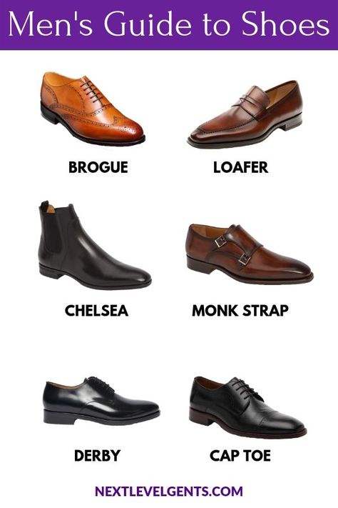 Clean and dapper shoes are the finishing touch of your outfit. What are the essential styles? Here are the 6 shoes men should own: Brogues, Loafers, Chelsea boots, Monk Strap, Derby, and Cap Toe Oxfords. #menswear #shoes #mensshoes #mensstyle #fashion #mensfashion #styletips Fancy Shoes Aesthetic Men, Chelsea Boots Wedding Outfit Men, Men Corporate Shoes, Chelsea Shoes Men Outfit, Men Oxford Shoes Outfit, Monk Shoes Men Outfit, Brogue Shoes Man, Monk Strap Shoes Men Outfits, Shoes For Suits Men