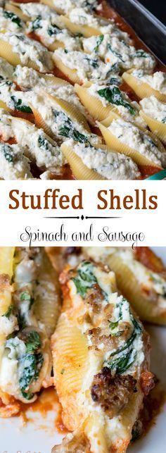 Easy Cheesy Stuffed Shells are a delicious main deal for the whole family. This recipe combines ricotta, mozzarella, and paresean cheeses, and spinach stuffed into the shells. A layer of Italian sausage completes the meal. Serve with a side salad. A family favorite Italian dinner! Cheesy Stuffed Shells, Sausage Stuffed Shells, Spinach Stuffed Shells, Resep Pasta, Shells Recipe, Pasta Shells, Stuffed Shells Recipe, Dinner Meal, Savory Dishes