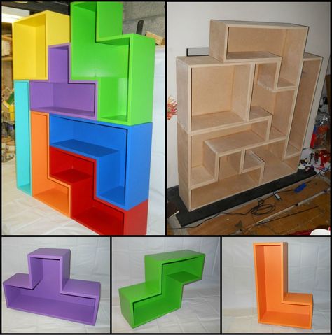 Build Your Own Tetris Bookshelves http://theownerbuildernetwork.co/fc03 This tetris themed bookshelf doesn’t only look cool, but is also a great storage solution. Anyone for a game of DIY bookcase Tetris? Goodwill Upcycle Decor Diy Projects, Craft Storage Closet, Game Storage, Gamer Room, Freaking Awesome, Funky Furniture, Game Room Design, Game Room Decor, Cute Room Decor