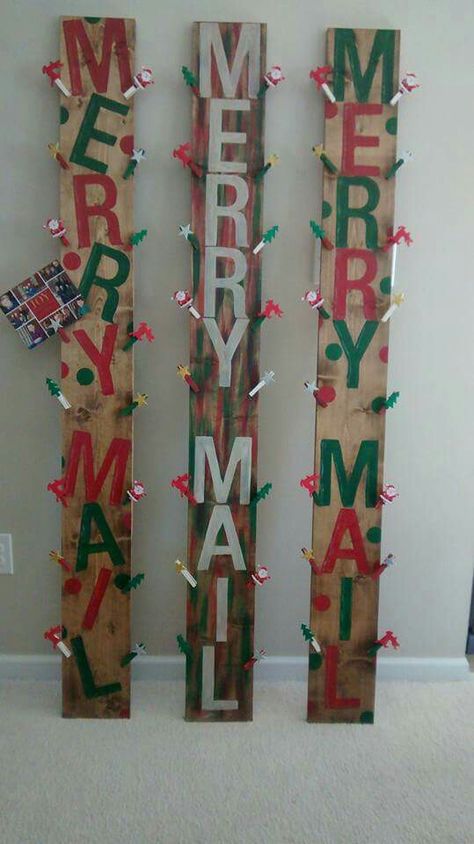 Merry mail wood sign. Hand painted and stained 6 ft tall Wood signs that say Merry Mail to hold your Christmas cards/photos at Christmas time Christmas Fence Board Signs, Merry Mail Wood Sign, Merry Christmas Wooden Sign, Tall Christmas Signs Wood, Merry Mail Sign, Merry Christmas Signs Wooden Zulily, Merry Mail, Christmas Craft Fair, Kids Wood