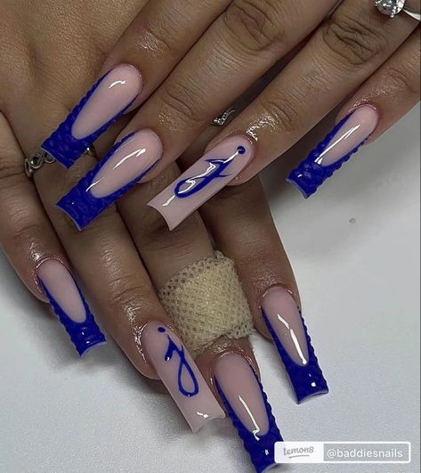 Nails With Bf Name On It, Long Nail Designs With Initials, Blue Nail Designs With Initials, Makeup Ideas Blue And Silver, Medium Length Nails With Initials, Nail Ideas Acrylic Royal Blue, Blue Acrylic Nails With J Initial, Blue Nails With J Initial, Long Nails Inspiration Blue