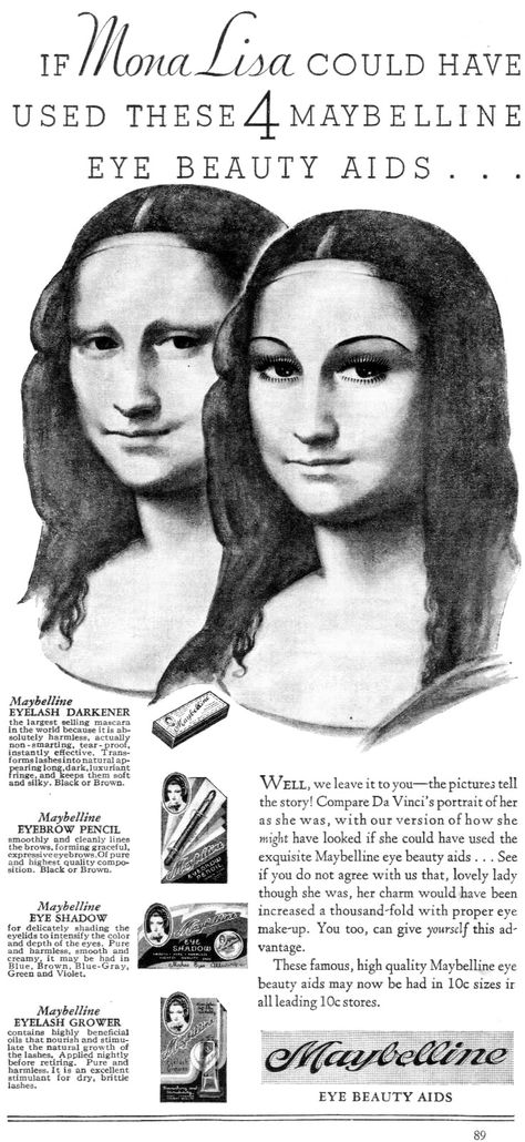 The Art of 1920s make up: this is the most charming make up ad I've seen so far :) Vintage Makeup Ads, Mona Lisa Parody, Funny Art History, Makeup Ads, Retro Beauty, Beauty Ad, Art Parody, Vintage Cosmetics, Retro Ads