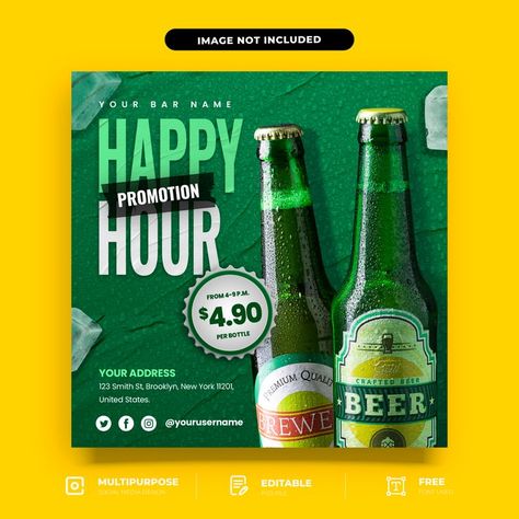 PSD Bar Promotion Social Media Design Template download Social Media Design Template, Bar Promotion, Happy Hour Beer, Beer Promotion, Restaurant Marketing, Social Media Promotion, Promotional Products Marketing, Graphic Designer Portfolio, Instagram Layout