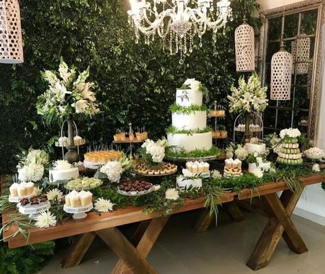 forest wedding dessert display Olive Green Dessert Table, Green Theme Dessert Table, Desert Bar Ideas For Graduation, Forest Theme Dessert Table, Forest Green Dessert Table, Green Wedding Dessert Table, Sage Green Dessert Table, Forest Dessert Table, Desert Bar Wedding