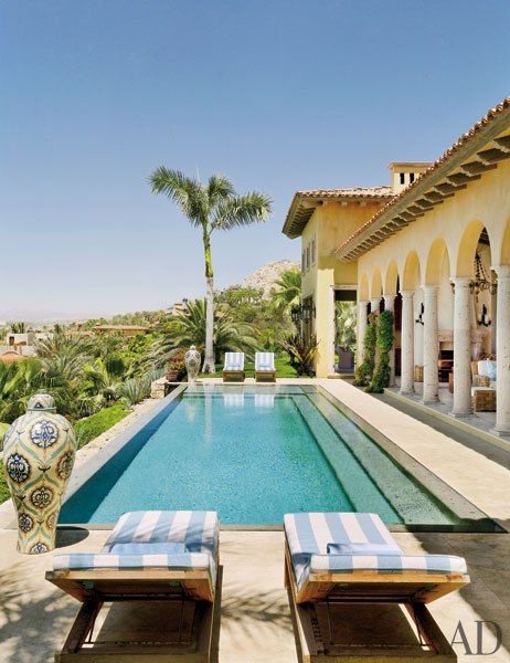 Bookending the pool of a cliffside Mexican villa are Henry Hall Designs chaise longues with striped cushions in a Perennials fabric. Mexican Villa, Living Pool, Mexican Vacation, Mexico House, Casas Coloniales, Beautiful Pools, Hall Design, Home Modern, Outdoor Swimming