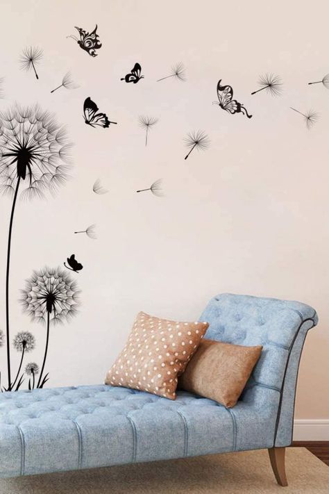 Wallpaintings Ideas Living Room Easy, Window Wall Painting Ideas, Wall Painting Ideas Butterfly, Dandelion Bedroom Ideas, Butterfly Drawing Wall Painting, Wall Paint Designs Butterfly, Butterfly Stickers On Wall Ideas, Modern Wall Stickers, Angel Wings Wall Art