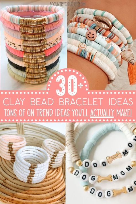 Looking for unique Clay Bead Bracelet Ideas? Check out our CUTE list of ideas and inspiration! You'll find summer themed bracelets, beach themed bracelets, preppy style bracelets and even DISNEY bracelets! We have ideas for beginners all the way up to seasoned beaders! We cover EVERY skill level! Clay Bracelets Diy Color Combos, Clay Bead Pattern Ideas, Easy Homemade Jewelry, Clay Bead Preppy Bracelets, Clay Bead Bracelet Design Ideas, Cute Ideas For Bracelets, Making Clay Bead Bracelets, Diy Heishi Bead Bracelet Tutorial, Ideas For Clay Bead Bracelets