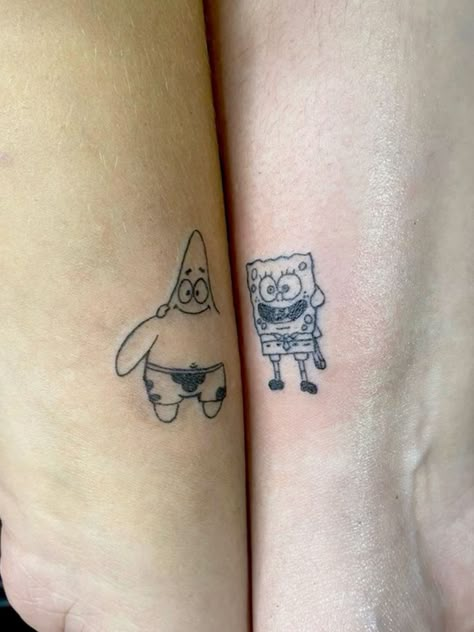 Duo Anime Tattoos Ideas, Spongebob Patrick Tattoo Best Friends, Spongebob Tattoo Ideas Friends, Spongebob And Patrick Tattoo Ideas, Tattoo Ideas For Male And Female Friends, Spongebob Sibling Tattoo, Spongebob And Patrick Tattoo Matching, Spongebob Friend Tattoos, Matching Tattoos Spongebob