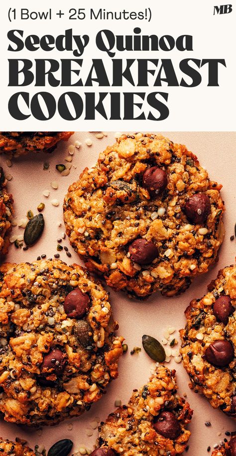 Chewy, satisfying, wholesome breakfast cookies with quinoa & seeds. Vegan, gluten-free, naturally sweetened + made in 1 bowl in 25 minutes! Superfood Breakfast Cookies, Minimalist Baker Granola, Minimalist Baker Recipes, Vegan Winter Breakfast, Hearty Breakfast Ideas Healthy, Raw Food Breakfast Ideas, Granola Breakfast Bowl, Gluten Free And Vegan Recipes, Gluten Free Breakfast Meal Prep