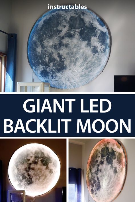 Easily create an inexpensive, light-up moon wall hanging from a shower curtain. #decor #wallart #decoration #space #art #lighting #Instructables #homedecor #howto #LEDlighting #LEDlights #LEDproject #lightingdecor #lightingdesign #maker #makezine Painting Ideas Wall, Boys Space Bedroom, Outer Space Room, Outer Space Bedroom, Galaxy Bedroom, Space Kids Room, Galaxy Room, Zimmer Diy, Moon Wall Hanging