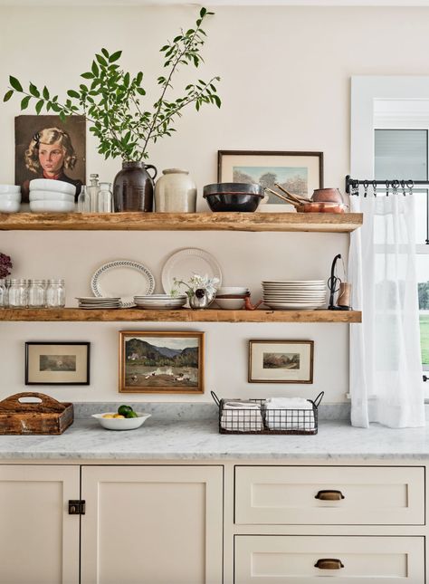 Rustic Kitchen Shelves, Georgiana Design, Cabinet Trends, Kitchen Cabinet Trends, White Shiplap Wall, Open Kitchen Shelves, Shelf Styling, Modern Farmhouse Style, Kitchen Shelves