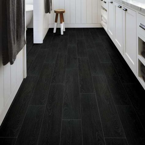 Black Tile Bathroom Floor, Black Laminate Flooring, Black Vinyl Flooring, Black Wood Floors, Black Tile Bathrooms, Grey Vinyl Flooring, Shaw Flooring, Wood Tile Floors, Floor Tile Design