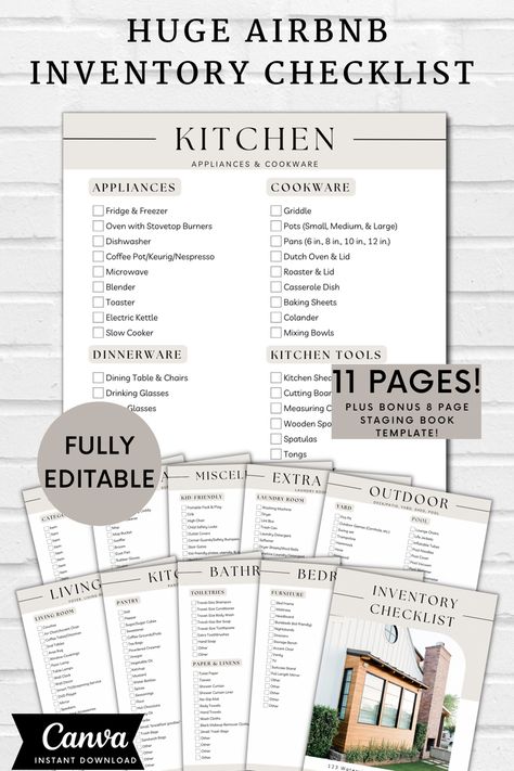 Save time furnishing your Airbnb with this comprehensive Inventory Checklist. Never forget any household items or essentials for your short-term rental property with this printable list! Use this for initial set-up and in-between guests to make sure your rental is properly stocked. Easily Print out multiple copies to leave for your cleaning crew or property management team along with the BONUS Staging book to show them how to properly set-up your rental property. Perfect Airbnb Host Checklist f