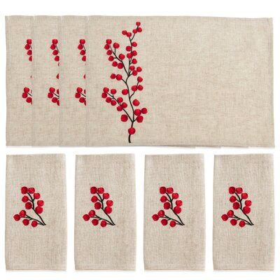 Embroidered Holly, Holiday Table Settings, Christmas Placemats, Weaving Textiles, Linen Set, Linen Placemats, Holiday Tables, Retro Flowers, Season Colors