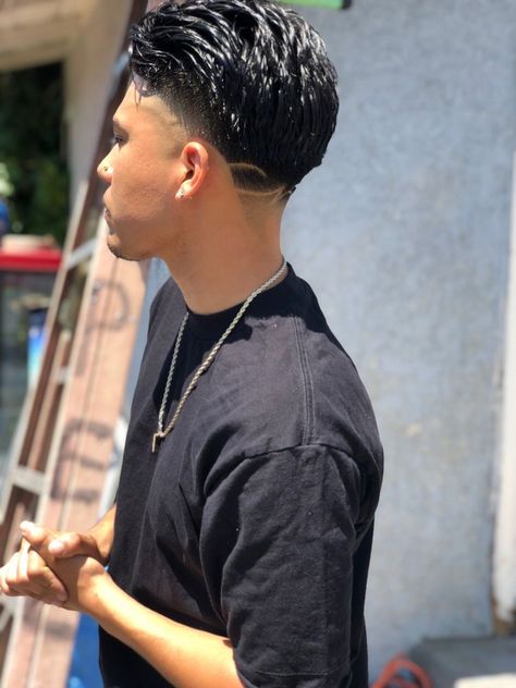 Fade Haircut Slick Back, Mexican Guys Haircut, Edgar Slick Back, Slick Back Drop Fade, Mexican Slick Back Hair, Men Haircut Styles Slick Back, Men Haircut With Fade, Guys With Slicked Back Hair, Taper Fade Haircut Slick Back