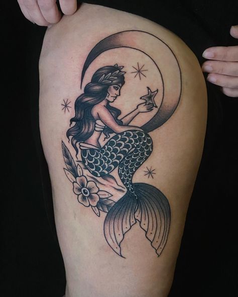 Mermaid Thigh Tattoo, Traditional Mermaid Tattoos, Mermaid Sitting, Mirror Tattoos, Siren Tattoo, Sitting On The Moon, Sailor Tattoo, Mama Tried, Back Piece Tattoo