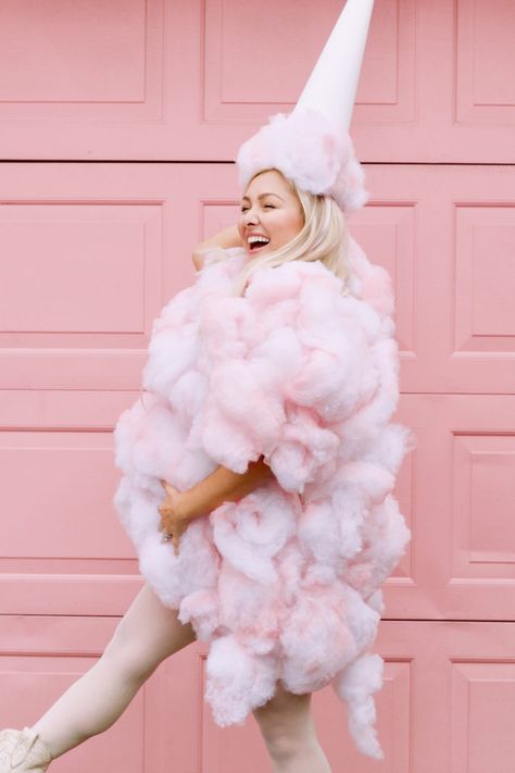 DIY Halloween Costume | Mallory Ervin Storm Cloud Costume Diy, Diy Cotton Candy Costume Women, S'more Halloween Costume, Maškare Kostimi, Cotton Candy Costume Women, Pink Costume Ideas Halloween, Candyland Outfit Women, Candyland Costume Women, Candyland Halloween Costume