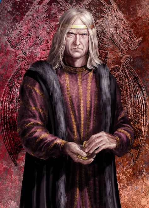 König Viserys II. Targaryen (122 - 172 n.A.E), jüngster Sohn von Rhaenyra und Daemon Targaryen, regierte 17 Jahre das Reich während Aegon trauerte, Daeron kämpte und Baelor betete (von Amok). Viserys Ii, Targaryen Men, Throne Art, Naerys Targaryen, Targaryen Queen, Aegon Iii, Targaryen Dynasty, Hand Of The King, Daemon Targaryen