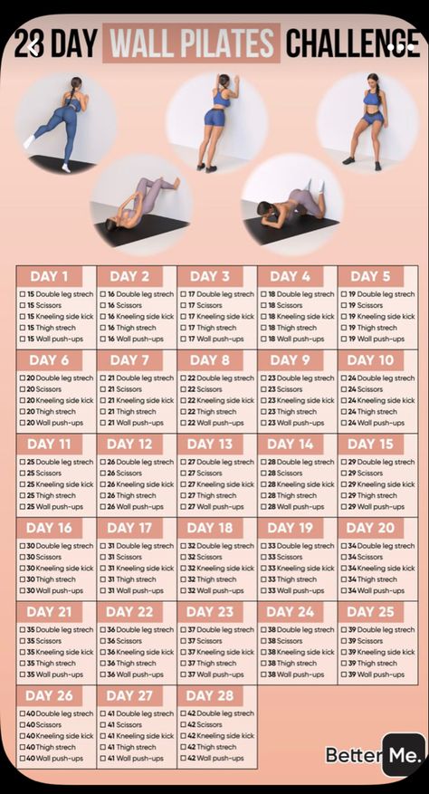 Wall Pilates Challenge, Pilates Workout Plan, Wall Pilates, Pilates Challenge, Wall Workout, Trening Fitness, Pilates For Beginners, Workout Without Gym, Body Workout Plan