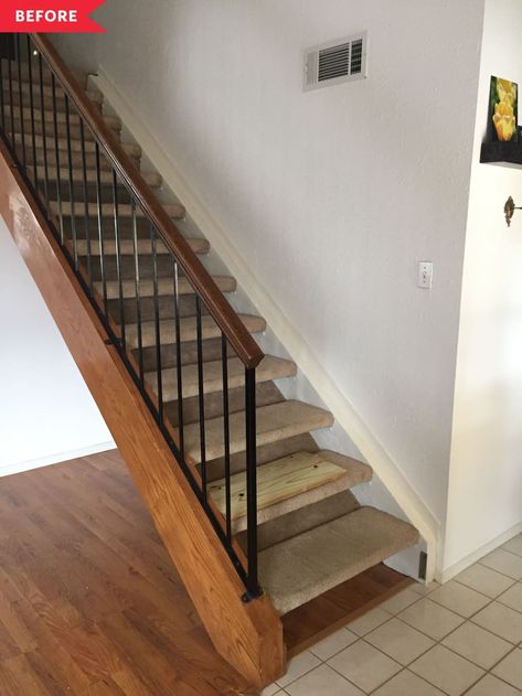 Carpeted Open Stairs, Floating Stairs Carpet, Floating Stairs With Carpet, Open Stairs With Carpet, Carpet Floating Stairs, Open Stairs To Closed Stairs, Floating Stairs Remodel, How To Close Off Open Stairs, How To Close Open Stairs