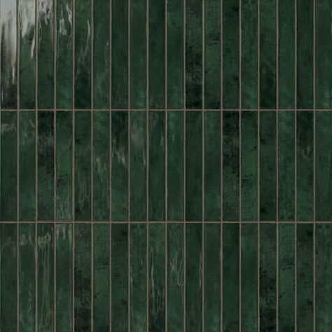 Jaden 2.5x16 Glossy Ceramic Tile in Hunter Dark Green Tile Fireplace, Green Finger Tile Bathroom, Green Glazed Tiles, Material Texture Architecture, Green Tile Grout, Green Bathroom Tile Ideas, Emerald Green Bathroom, Dark Green Tile, Green Tile Backsplash