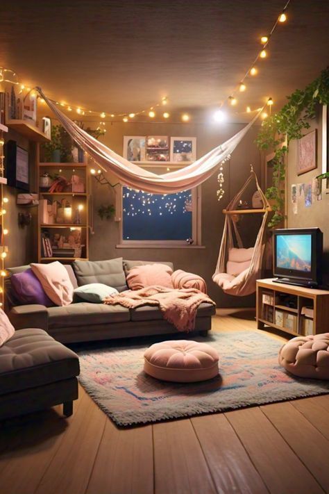 Hang Out Places, Girly Hangout Room, Cool Hangout Room Ideas, Hangout Room Ideas Teen Lounge, Teen Hangout Room Ideas, Teen Hangout Space, Kids Hangout Room, Girls Hangout, Teen Lounge Rooms