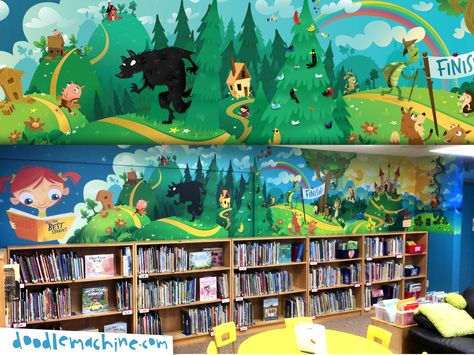 Children's Library Mural by Andre' The Doodlemachine on Dribbble Library Murals, Library Mural, Library Artwork, Children's Library, Library Bookshelves, Childrens Library, Library Wall, 3d Wall Murals, Kids Library