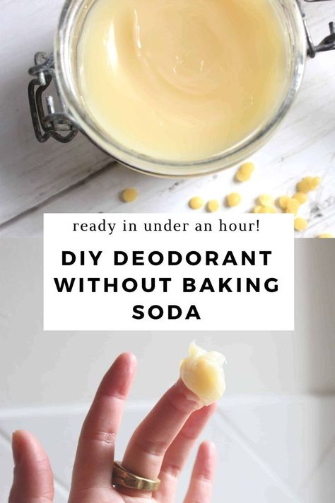 An overhead shot of yellow DIY deodorant in a small glass jar. A light hand with a dollop of DIY deodorant on one finger.