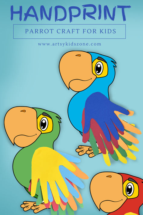 Create adorable Handprint Parrots with your kids! This craft includes a printable template and easy instructions. The wings are made from your child's handprints, adding a personal touch to this fun project. Perfect for a memorable and creative activity! #KidsCrafts #HandprintArt #ParrotCraft #DIYCrafts #PrintableTemplate Parrot Craft For Kids, Handprint Parrot, Parrot Craft, Parrot Wings, Parrot Head, Theme Activities, Handprint Craft, Theme Activity, Handprint Crafts