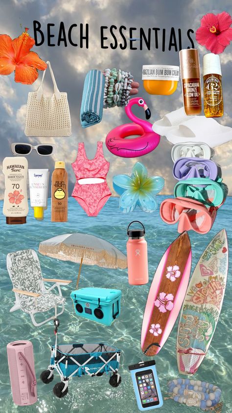 Beach essentials 🌊🐚🏖🌺 #summer Beach Gift Basket, Summer Necessities, Beach Basket, Beach Necessities, Beach Stuff, Hawaiian Tropic, Beach Gifts, Beach Essentials, Gift Baskets