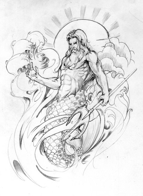 Poseidon Tattoo Sleeve Element by ~BeniaminoBradi on deviantART Poseidon Drawing, Poseidon Tattoo, Greek Mythology Tattoos, Mythology Tattoos, Geniale Tattoos, Greek Tattoos, Mermaids And Mermen, Mythology Art, Tattoo Sleeve