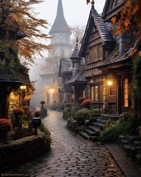 Magic Village Aesthetic, Whimsical Fall Decor, Fall Architecture, Fall Houses, Fall Village, Autumn Town, Magical Photos, Morning City, Art Deco Style Interior